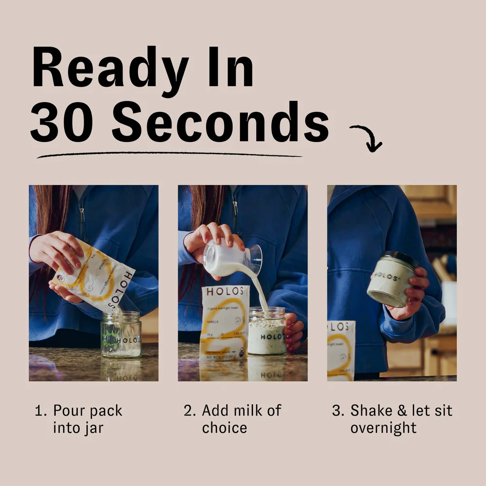 Three-step preparation process with HOLOS pack, milk, and jar.