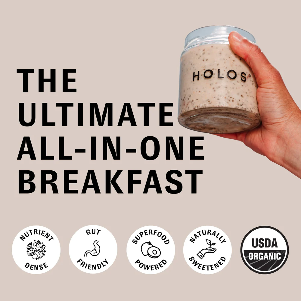 A hand holding a jar labeled 'HOLOS' with breakfast-related text and icons below.