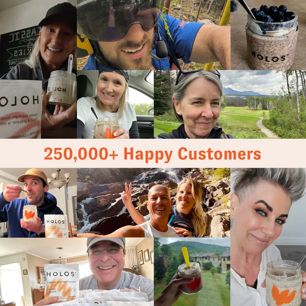 Collage of people enjoying Holos food products with text '250,000+ Happy Customers'.