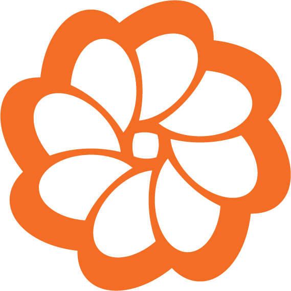 Orange flower-like abstract design on a white background.