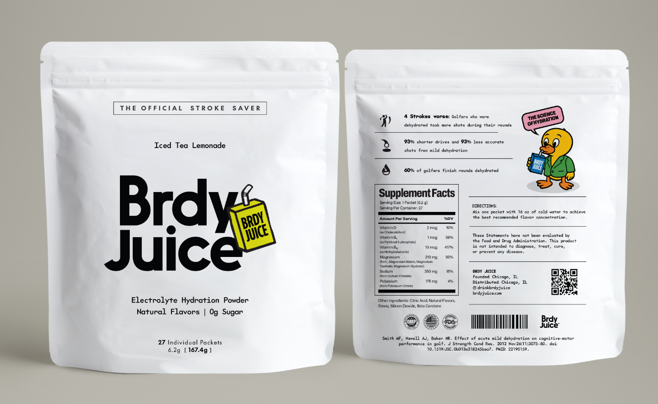 Two white Brdy Juice electrolyte powder bags with text and a cartoon duck illustration.