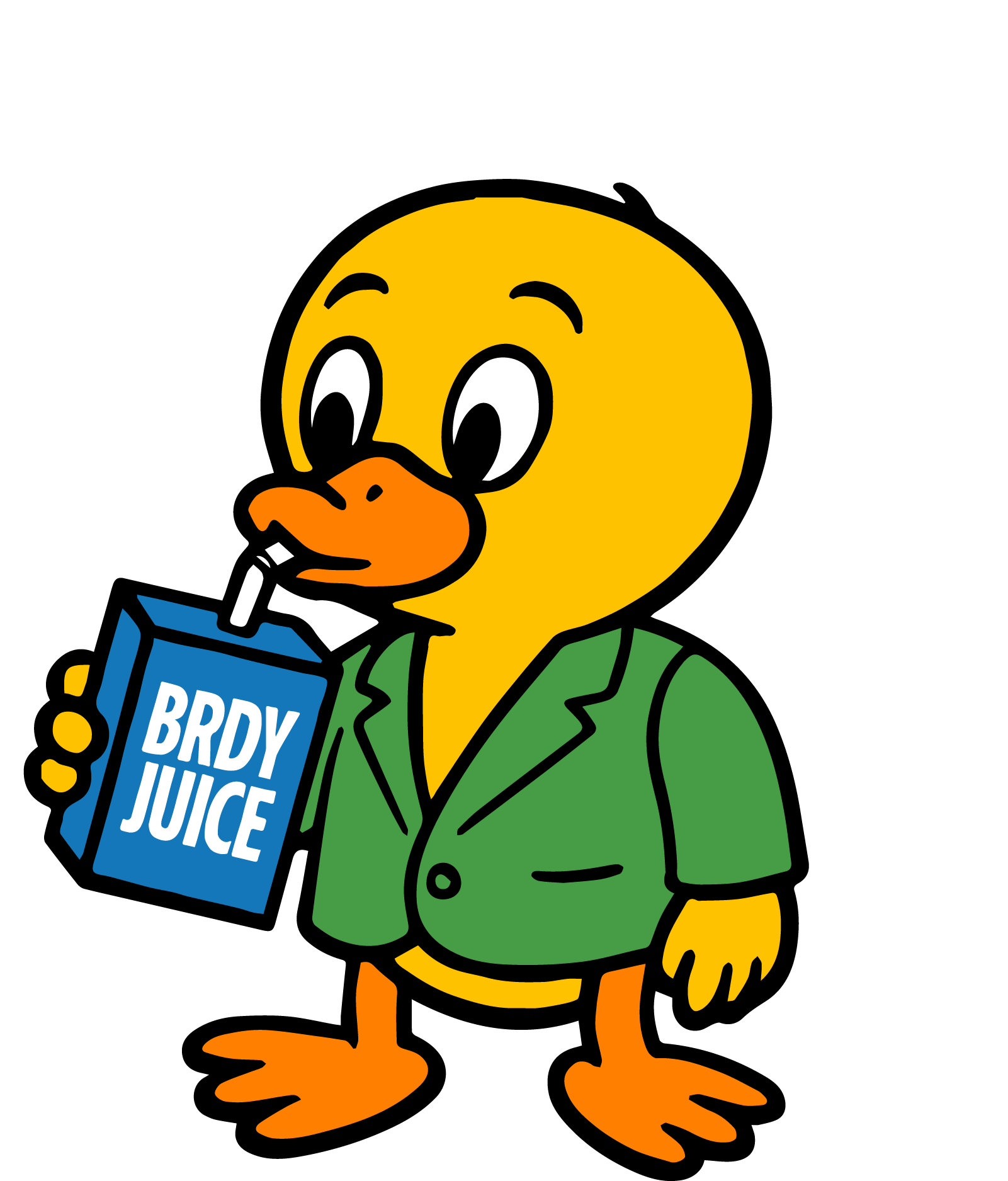 Cartoon duck in a green jacket drinking from a juice box labeled 'BRDY JUICE'.