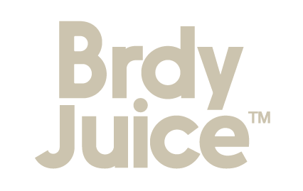 Logo with text 'Brdy Juice' in beige letters.