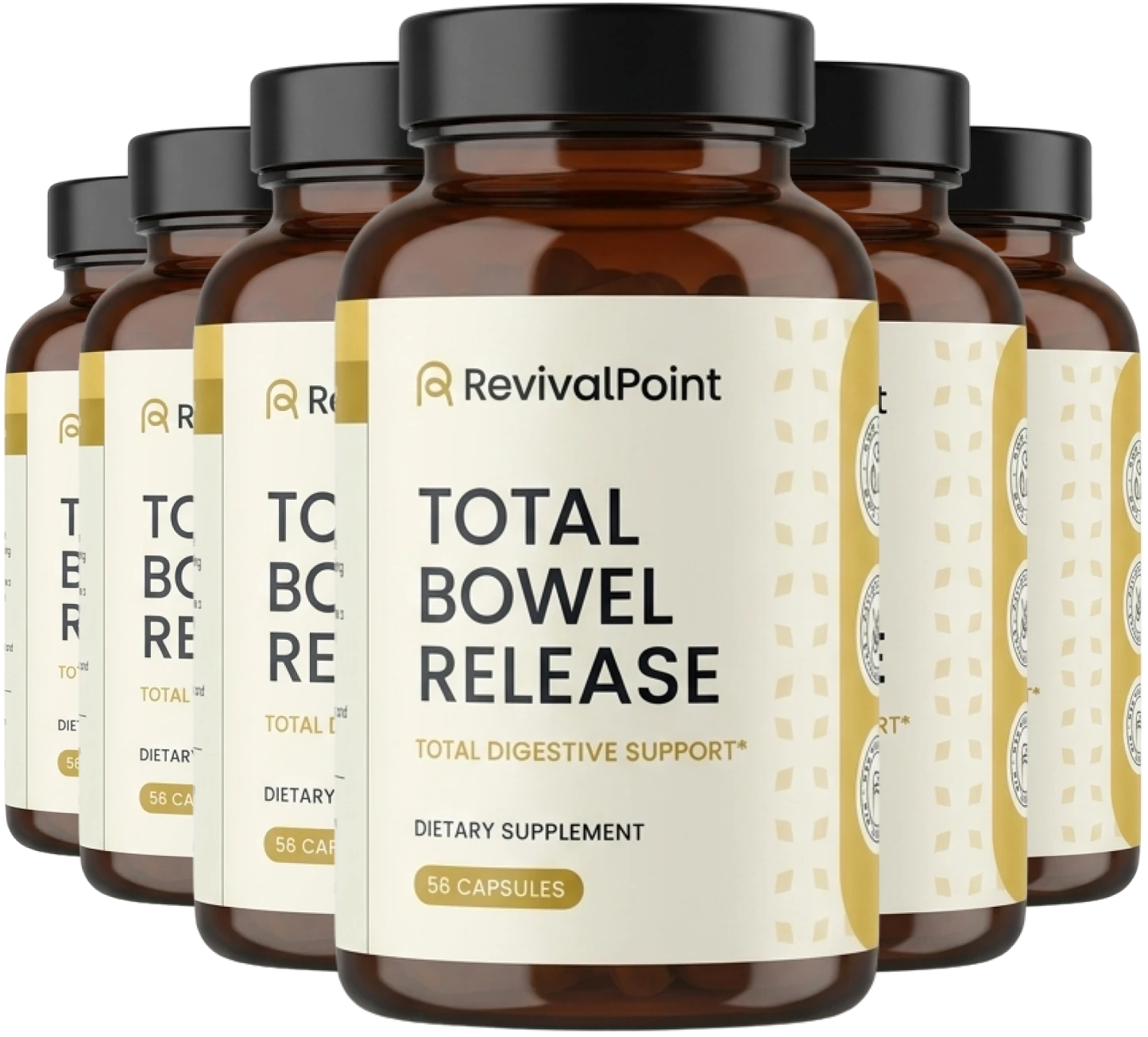 Six bottles of RevivalPoint Total Bowel Release dietary supplement arranged in a fan shape.