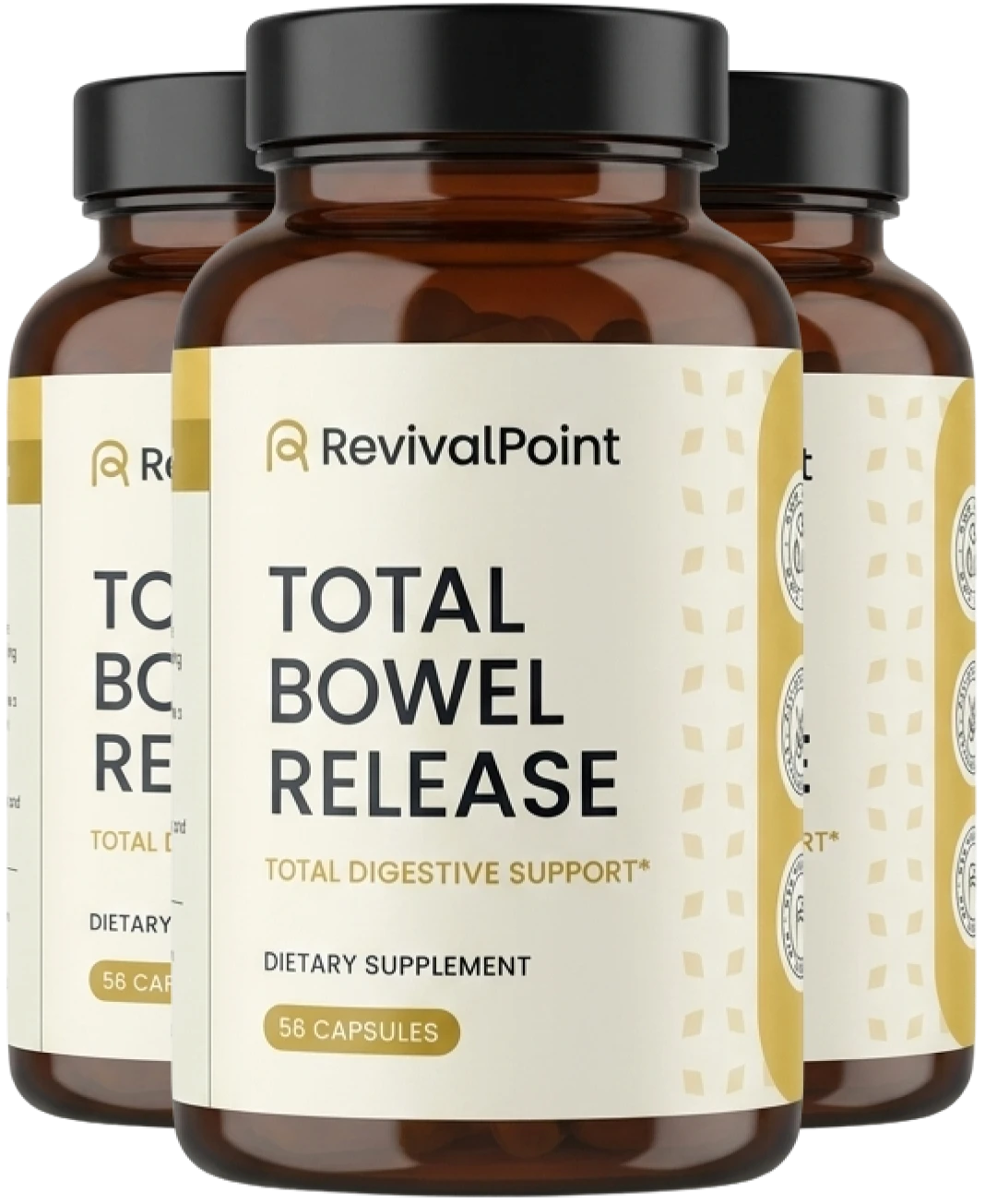 Three brown bottles of RevivalPoint Total Bowel Release dietary supplement against a white background.
