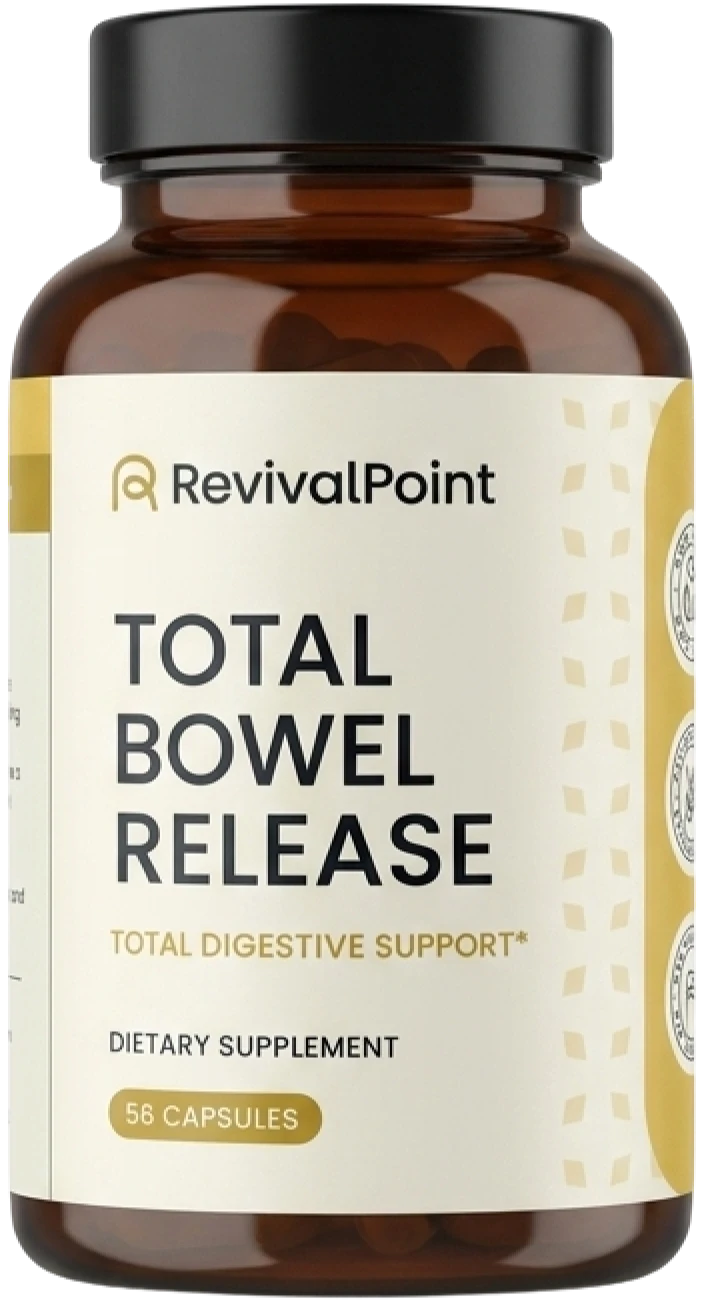 A brown bottle of RevivalPoint Total Bowel Release dietary supplement against a white background.