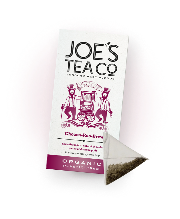 Organic tea box with a musical design, labeled 'Chocca-Roo-Brew' and a pyramid tea bag.