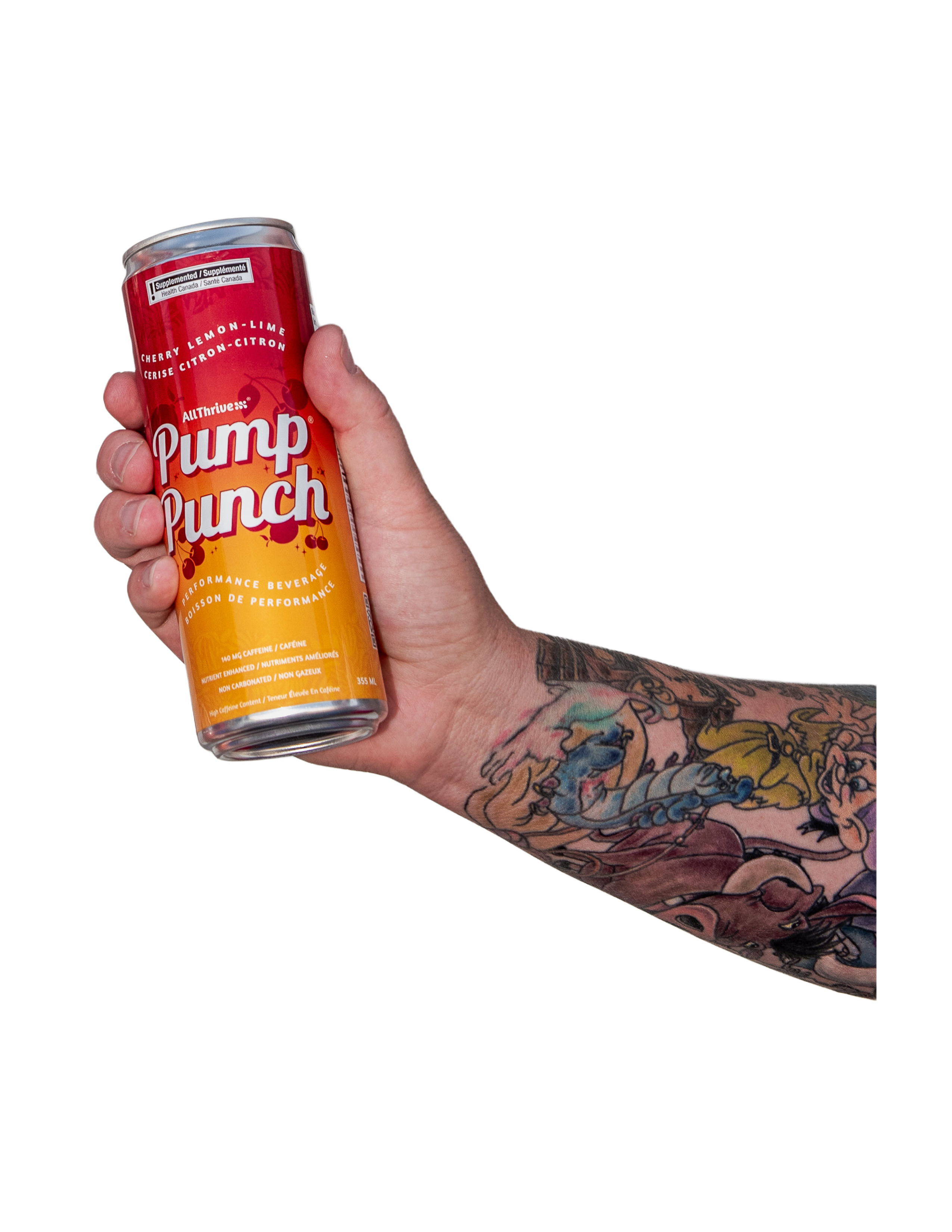 A person with a tattooed arm holding a can of AllThrivess Pump Punch performance beverage.