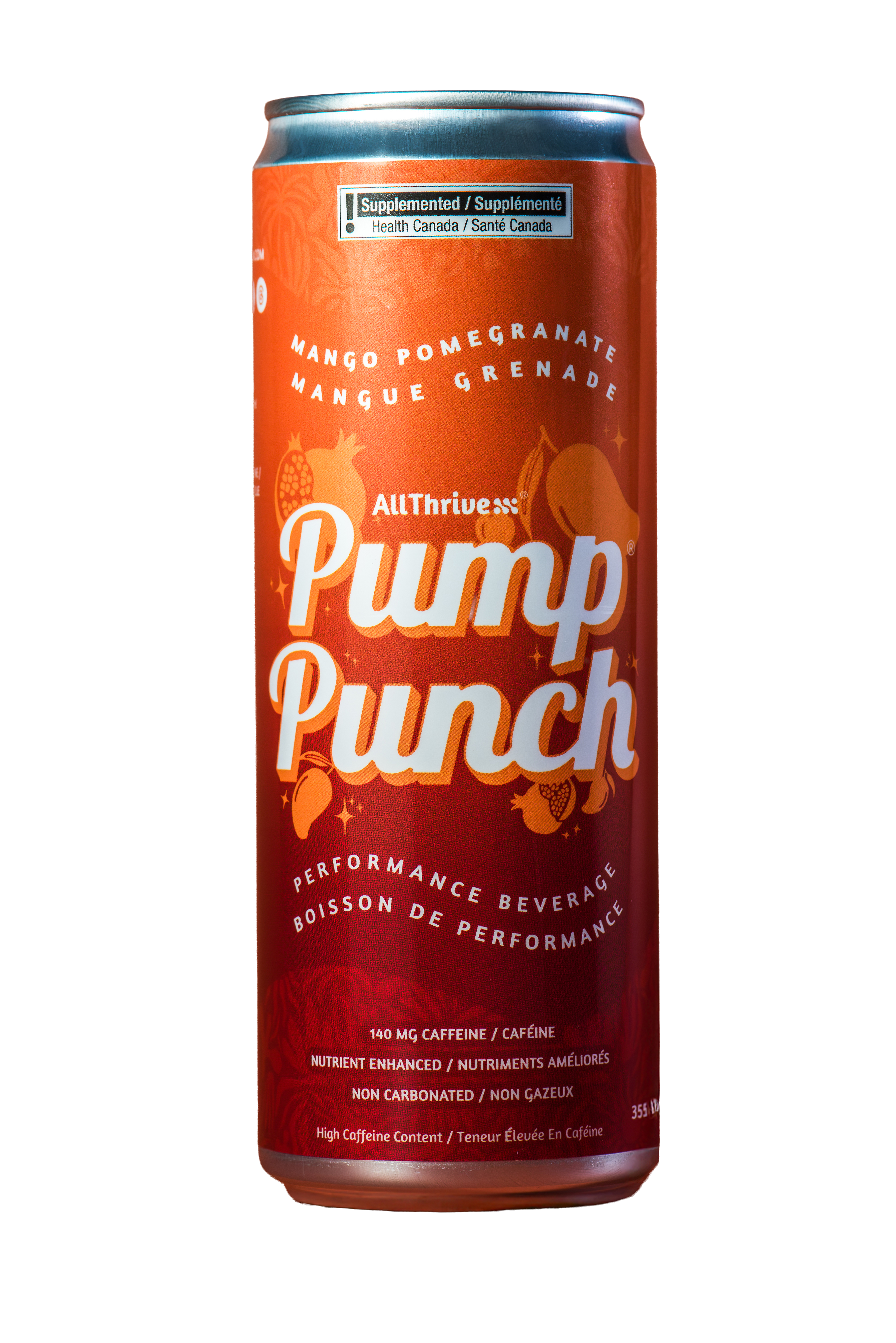 A can of AllThrivess Pump Punch, a mango pomegranate flavored performance beverage, against a white background.