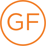 An orange circle with the letters GF inside, commonly used as a gluten-free icon.