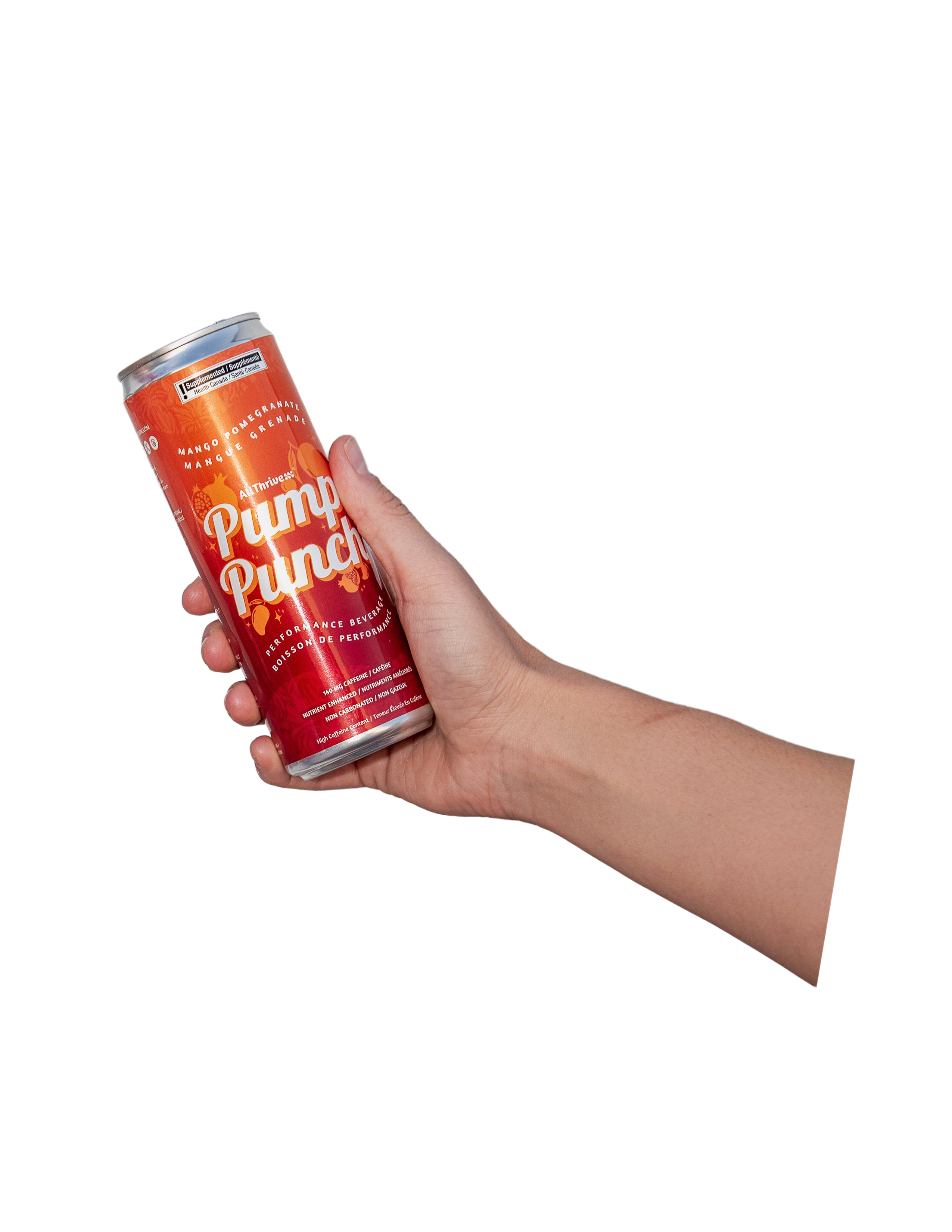 A hand holding a red and orange can of Pump Punch Mango Pomegranate performance beverage.