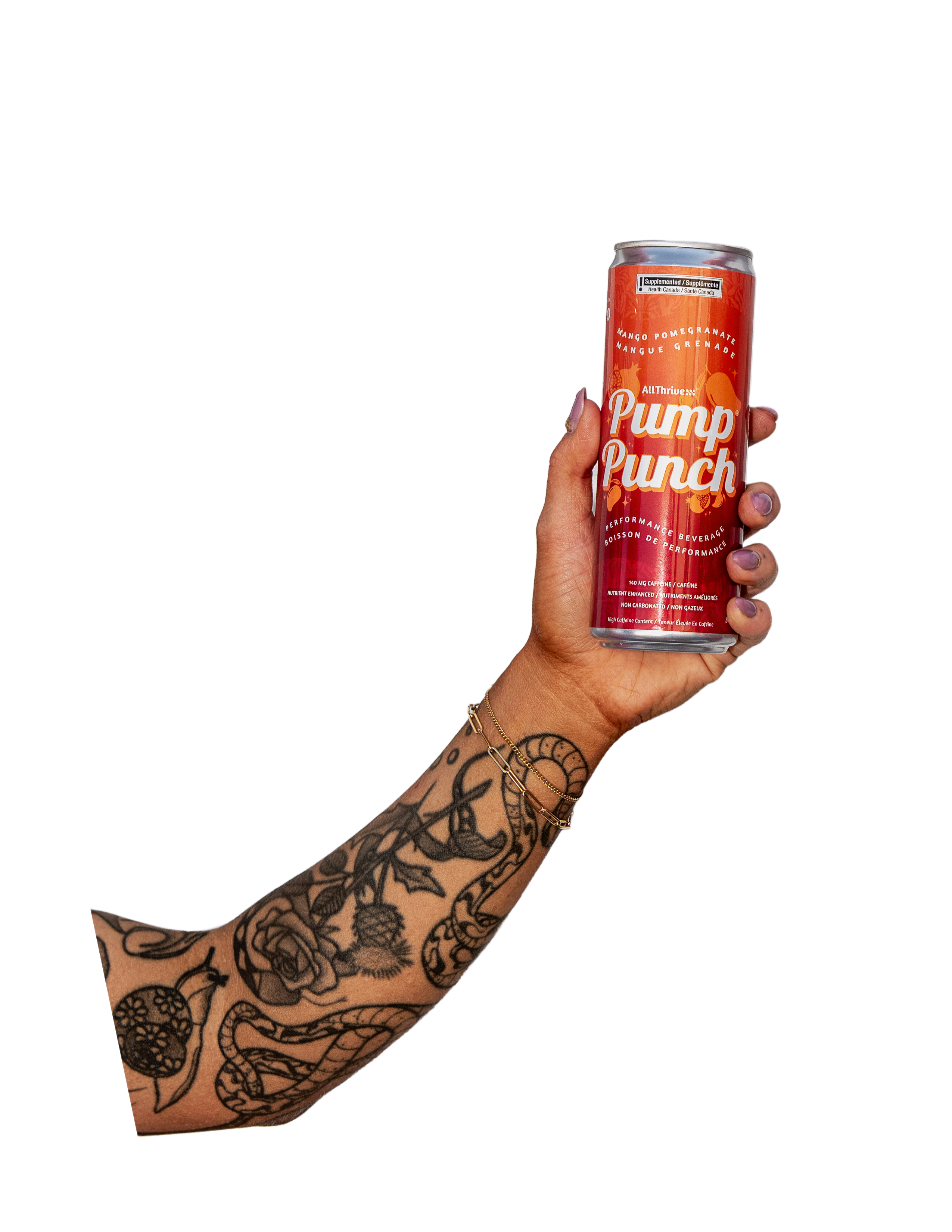 A tattooed arm and hand holding a red can of AllThrivess Pump Punch against a white background.