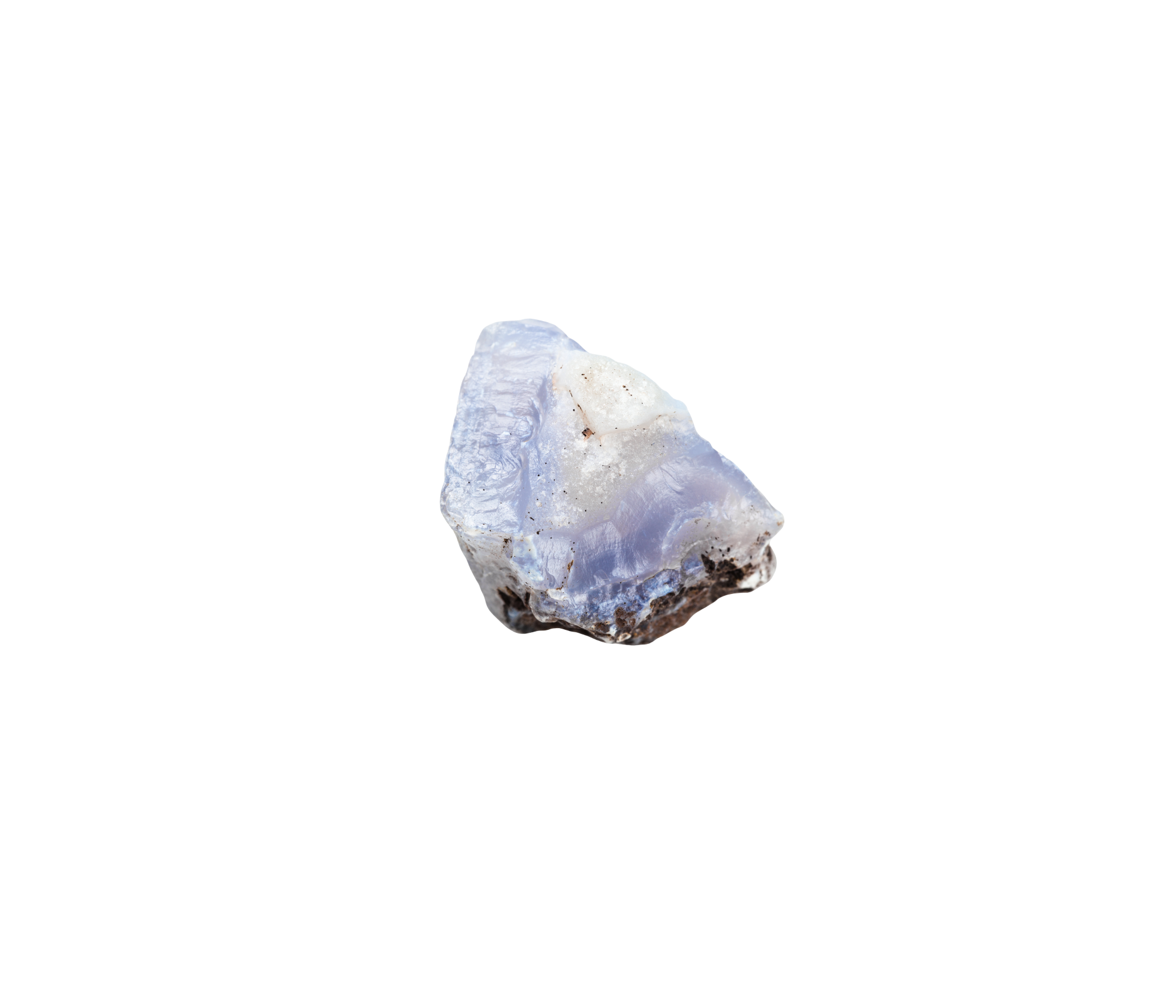 A rough, pale blue and white uncut stone isolated against a black background.