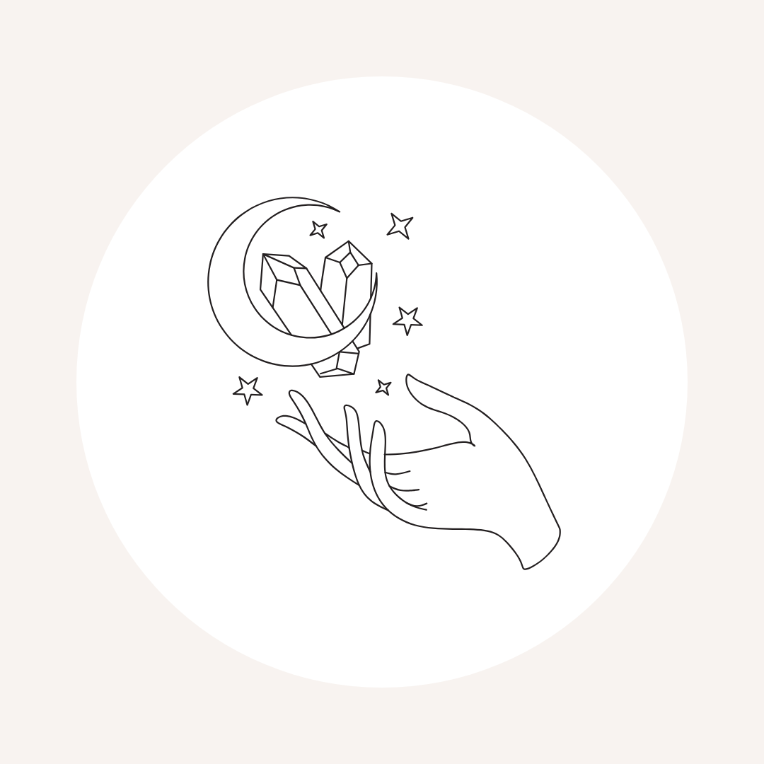Line drawing of a hand reaching towards a crescent moon and crystals with stars.