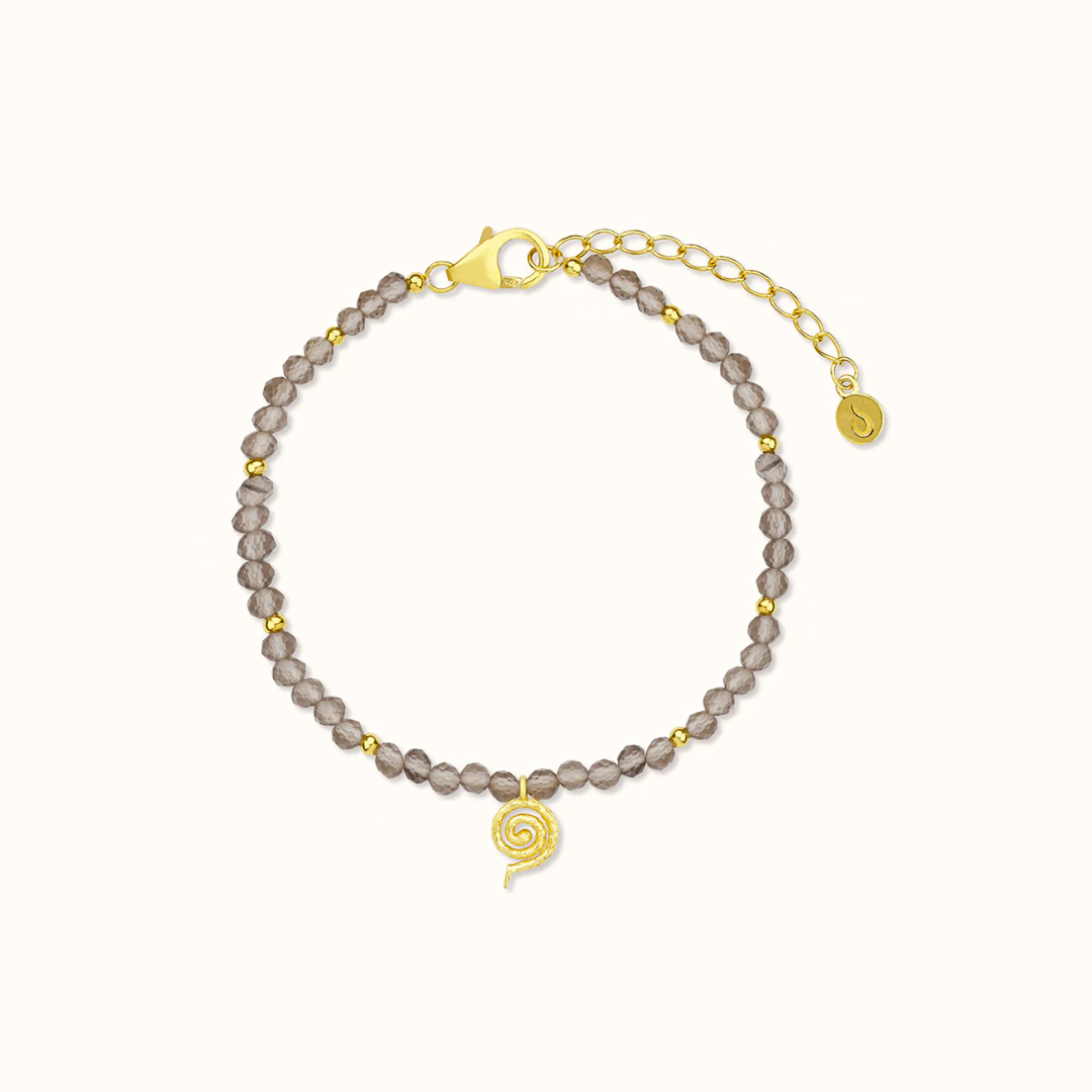 Bracelet with brown beads, gold accents, spiral charm, and adjustable chain clasp.