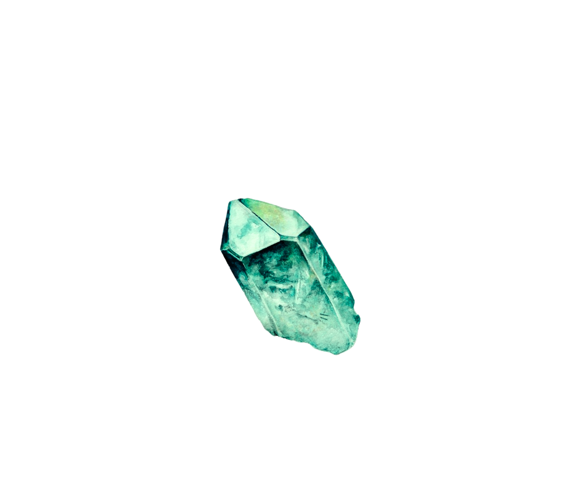 An illustration of a single, pointed, green-blue crystal on a black background.