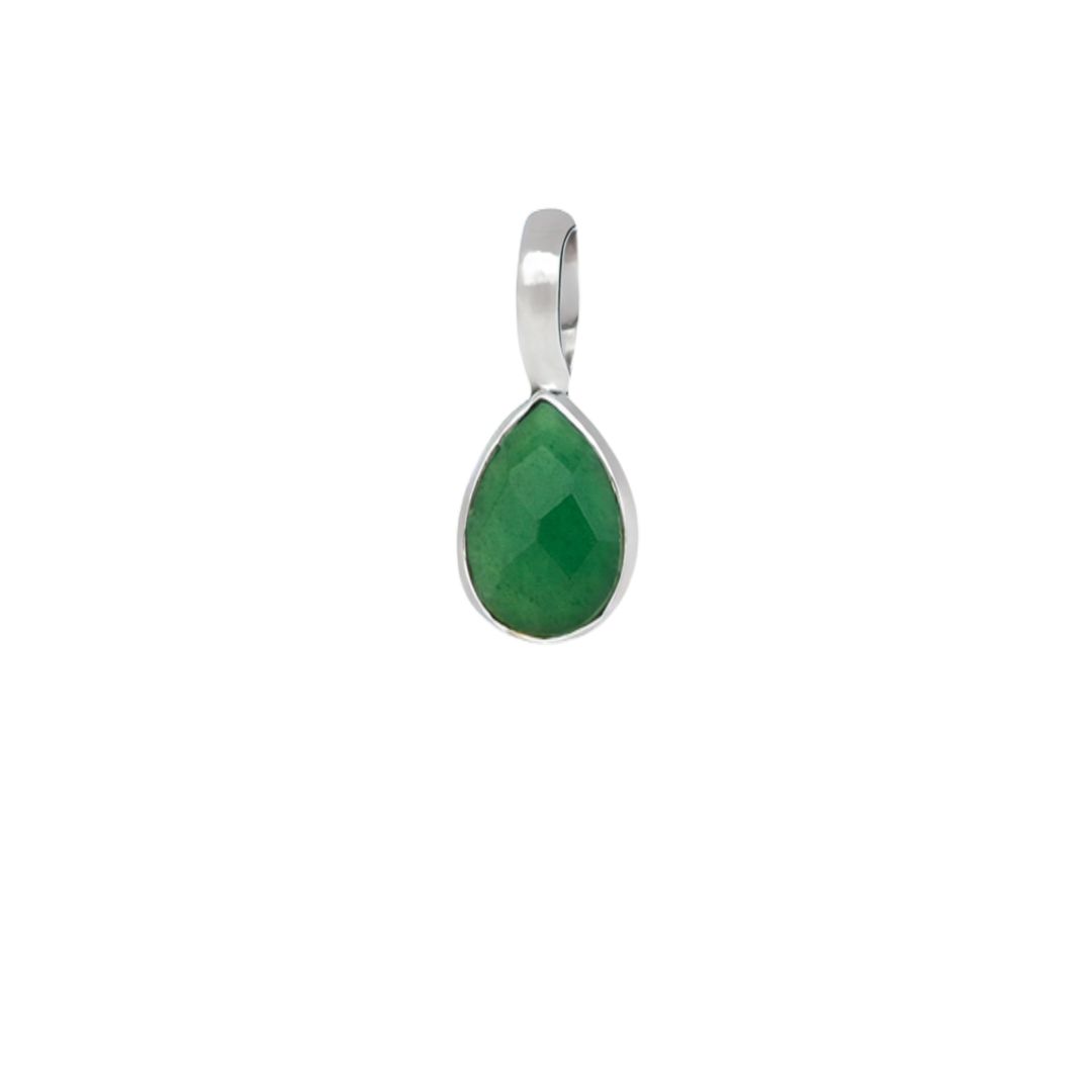 Teardrop-shaped green gemstone pendant with silver setting.