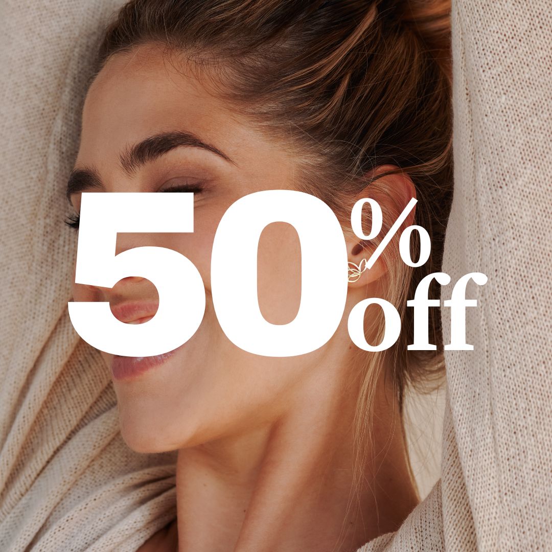 Smiling person with '50% off' text overlay.