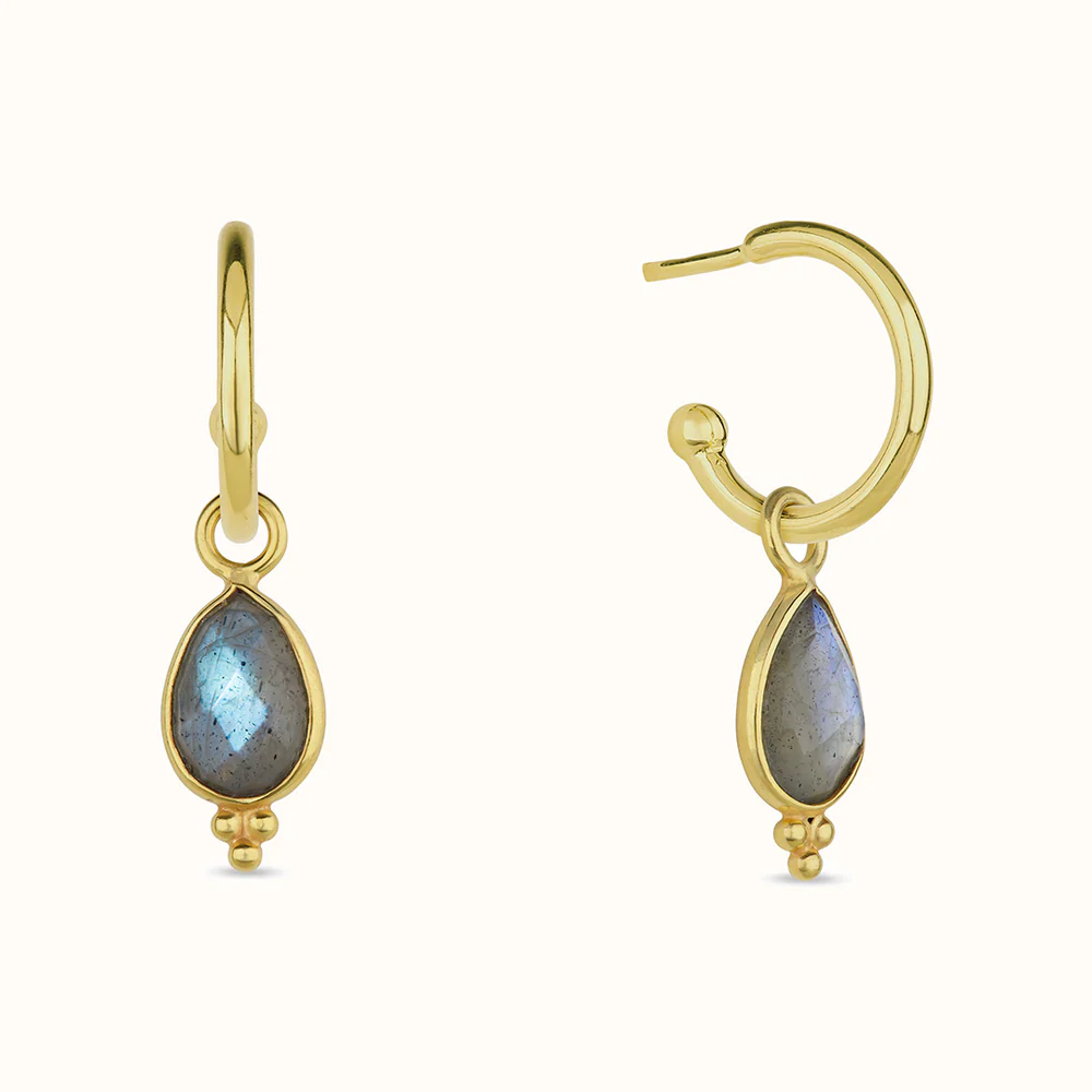 Gold earrings with teardrop-shaped labradorite stones.
