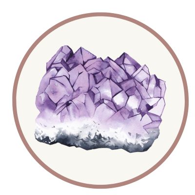 Illustration of a purple crystal cluster with a brown circular border.