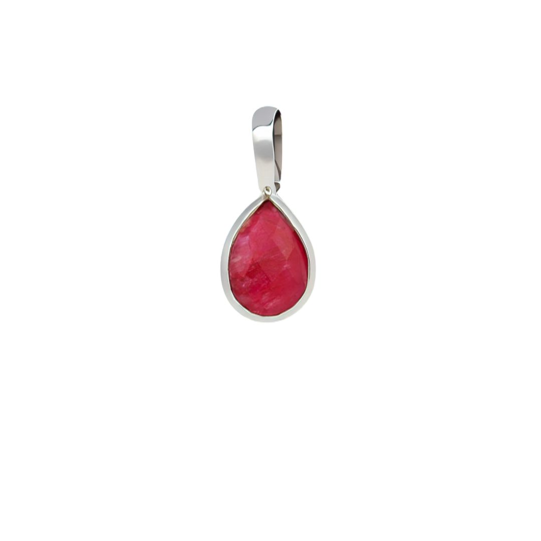 Teardrop-shaped red gemstone pendant with silver setting.