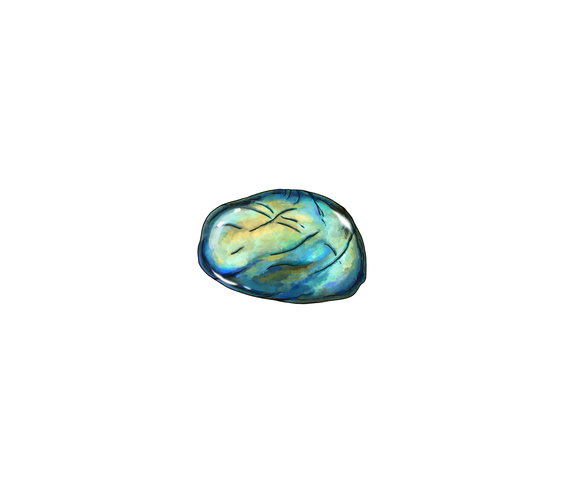 A shiny, polished blue and yellow stone with black markings, rendered against a solid black background.