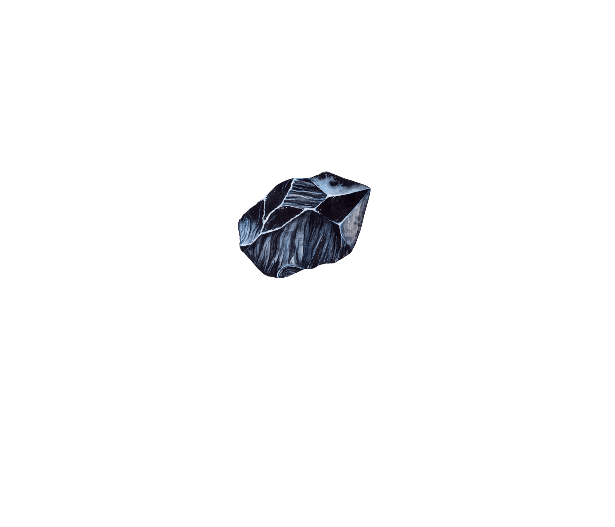 A watercolor illustration of a dark, faceted stone with white veins on a black background.