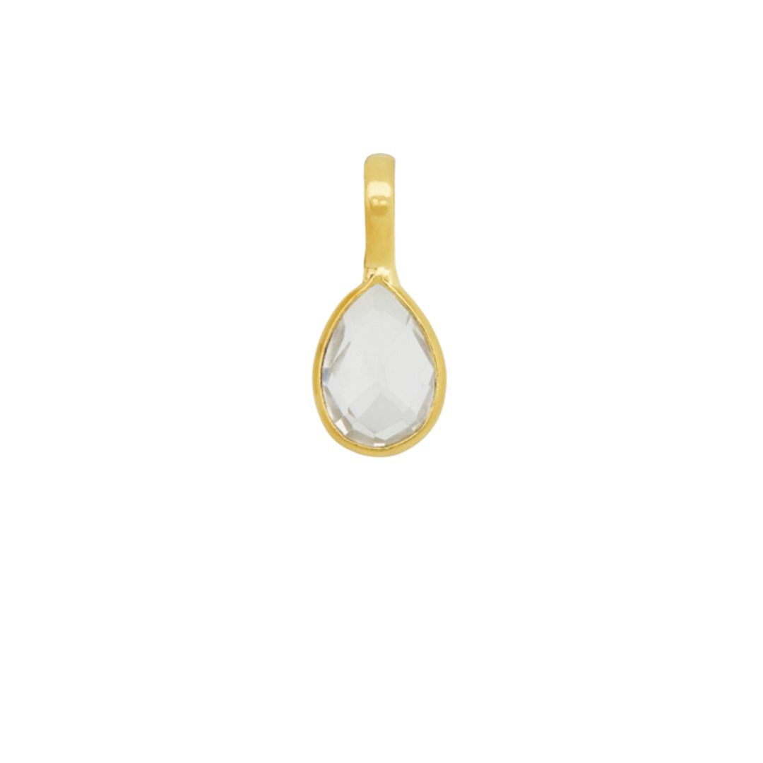 Gold teardrop pendant with a clear gemstone.