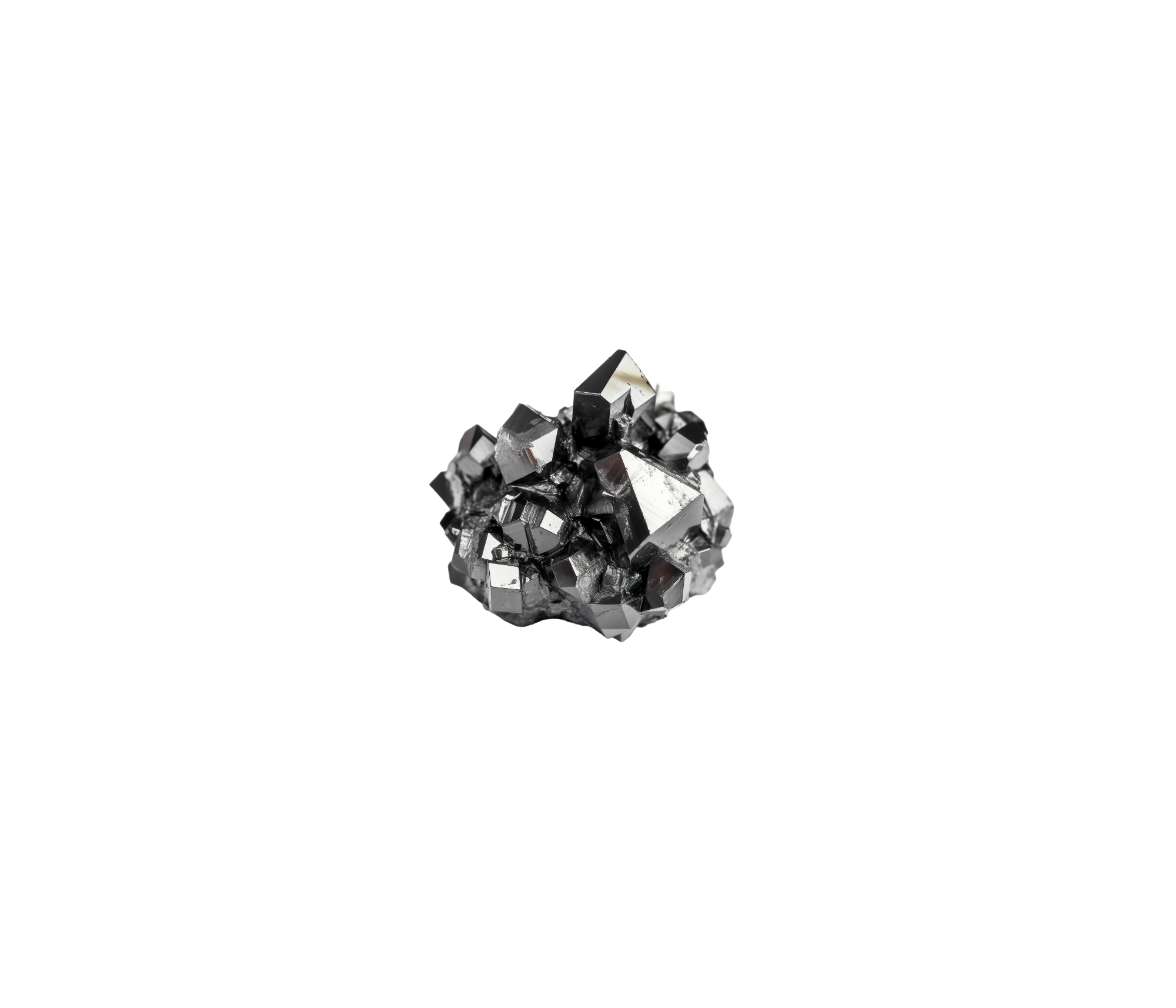 A cluster of shiny, metallic, geometric crystals against a solid black background.