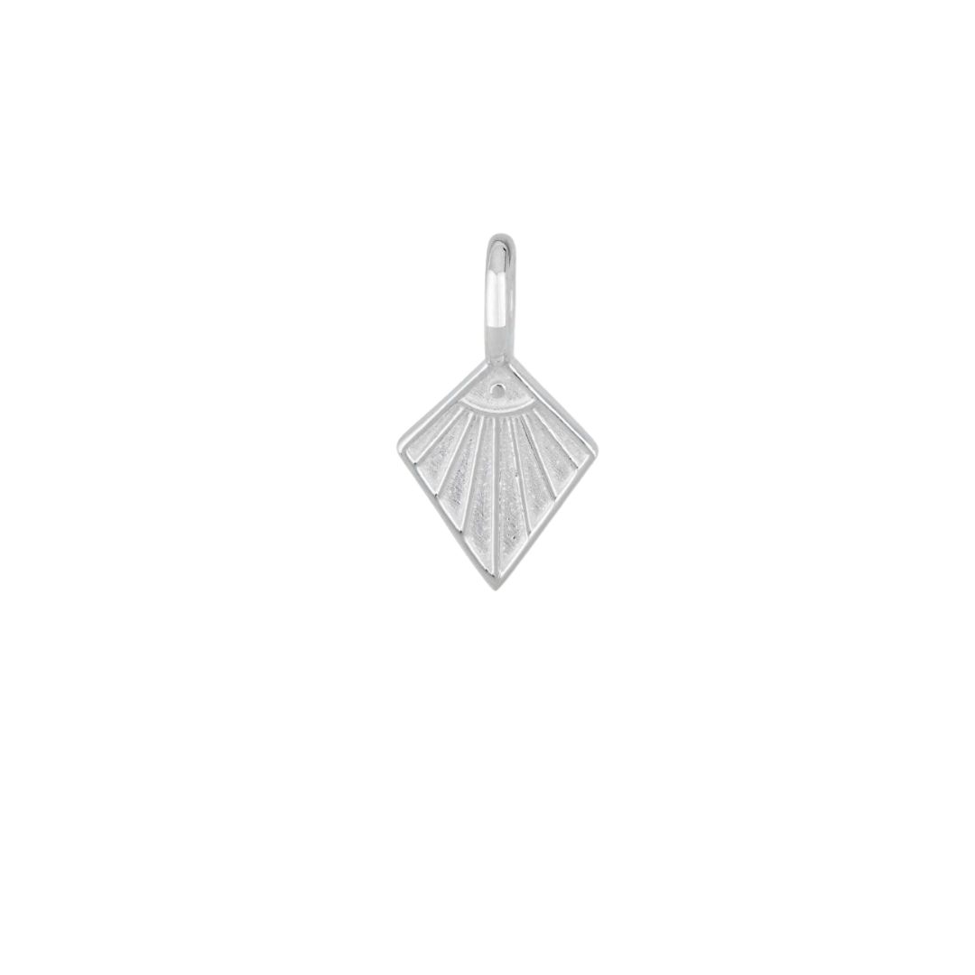 A silver, diamond-shaped pendant with an engraved fan design on a white background.