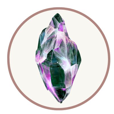 Faceted crystal with green and purple hues, encircled by a thin brown ring on white background.