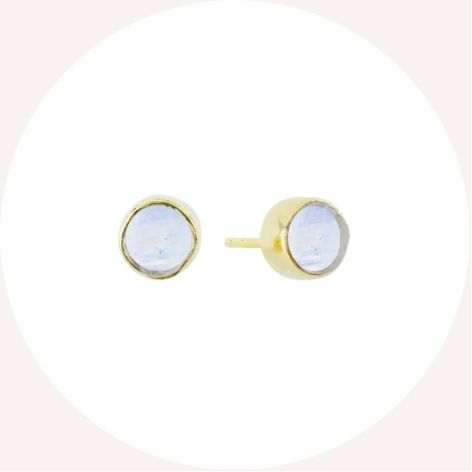 Two round stud earrings with light-colored stones and gold settings.