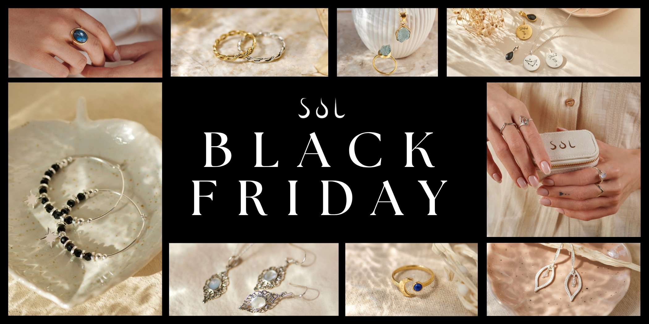 Collage of jewelry items with 'Black Friday' text in the center.