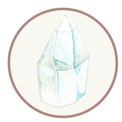 Illustration of a transparent crystal with geometric facets, encircled by a thin brown ring.