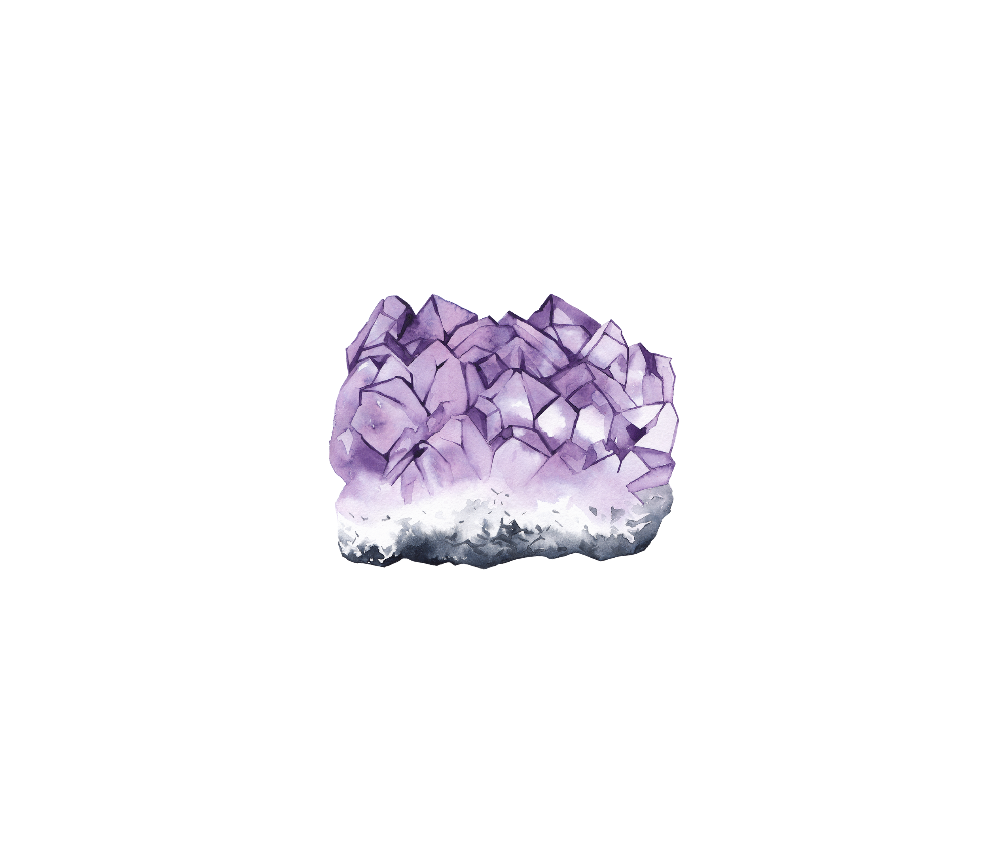 A watercolor illustration of a purple crystal cluster against a black background.