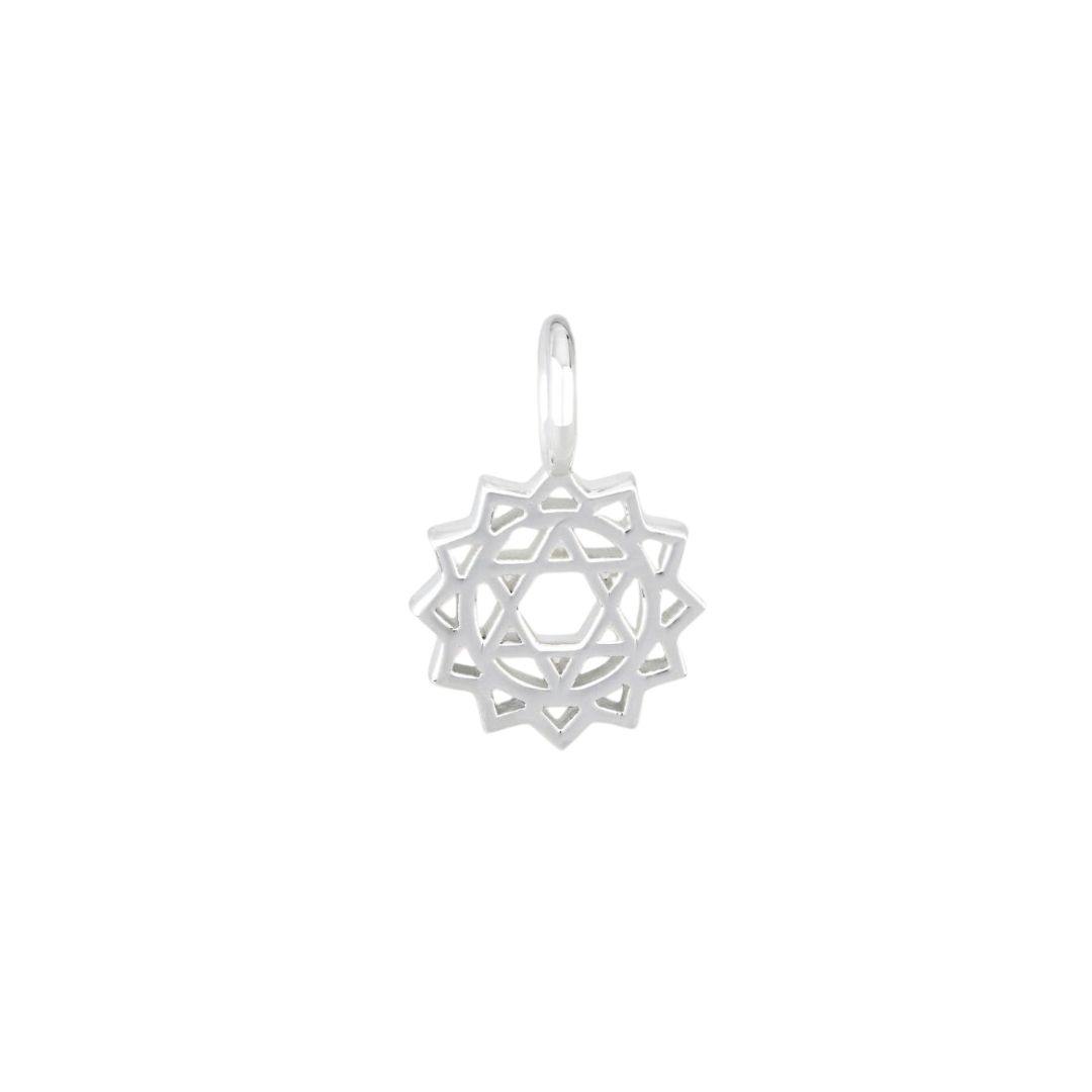 A silver-colored charm with a geometric, twelve-pointed star design on a white background.
