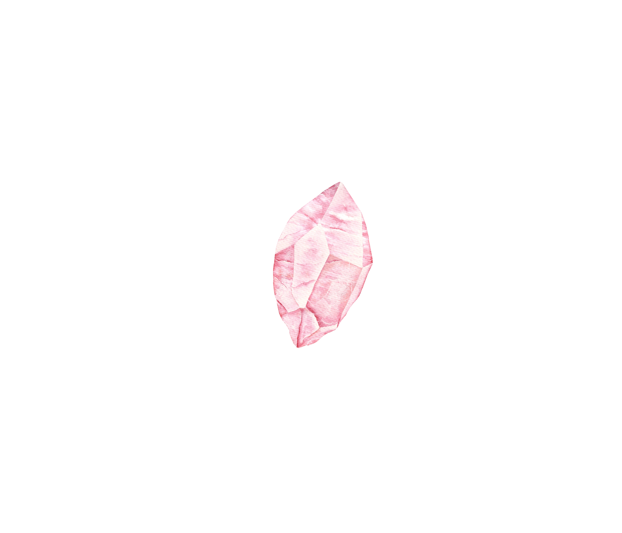A watercolor illustration of a pink, faceted crystal on a solid black background.