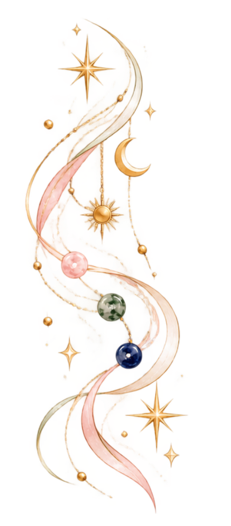 A celestial watercolor illustration with ribbons, a sun, moon, stars, and colorful beads.