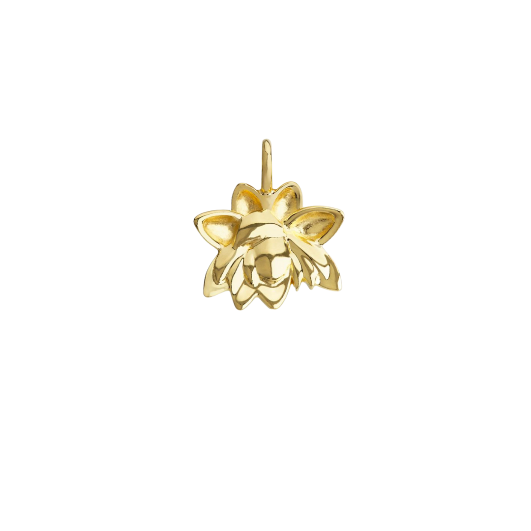 Gold flower-shaped pendant on a white background.