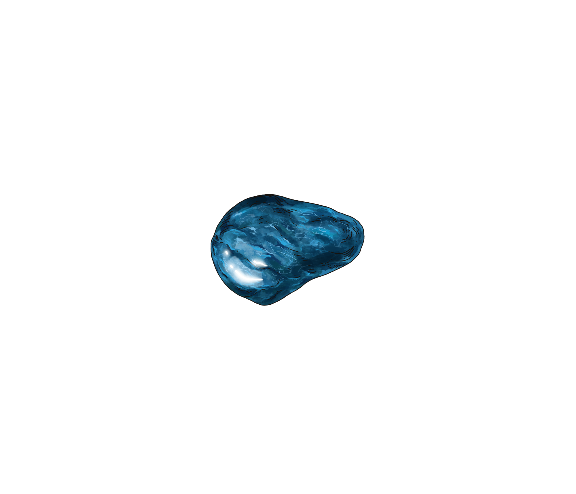 A shiny, blue, amorphous object with white highlights, resembling a polished stone, against a black background.