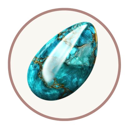Teardrop-shaped turquoise gemstone with golden veins on a white background.