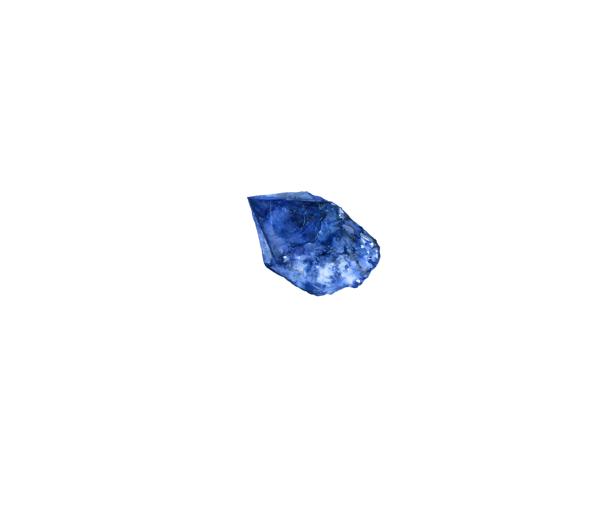 An irregularly shaped blue crystal with white inclusions against a black background.
