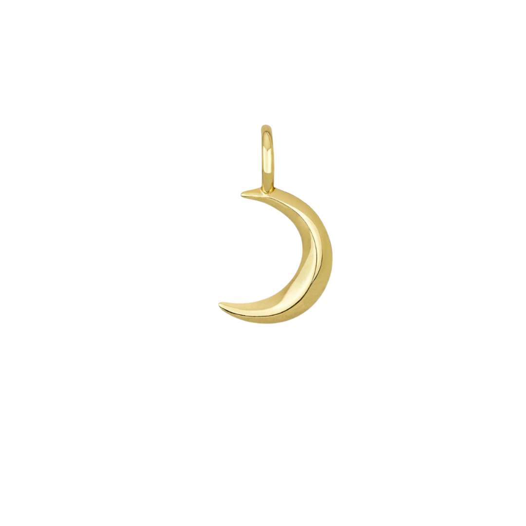 Gold crescent moon pendant on a white background.