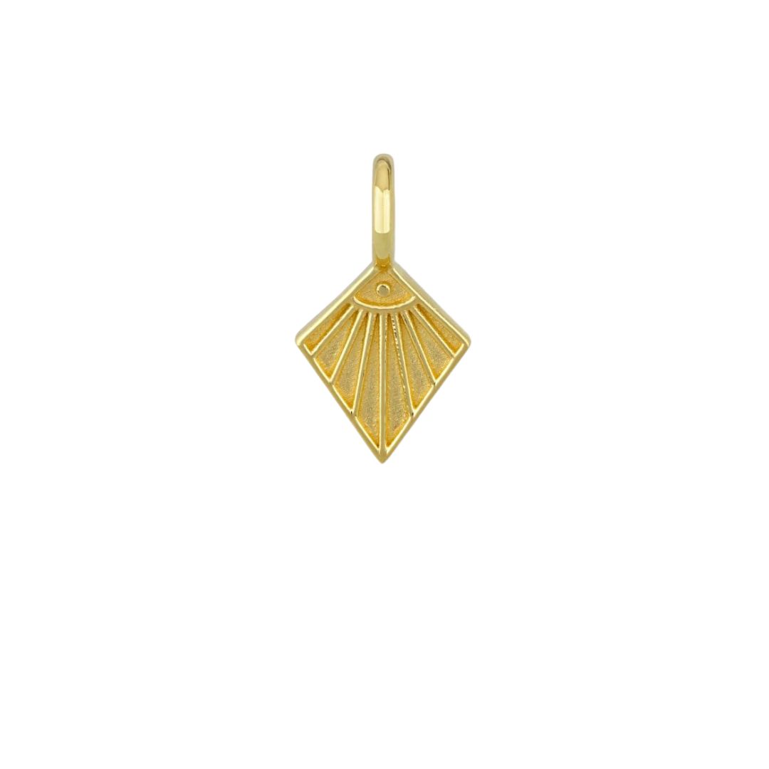 A gold-colored, diamond-shaped pendant with an engraved sunburst design against a white background.