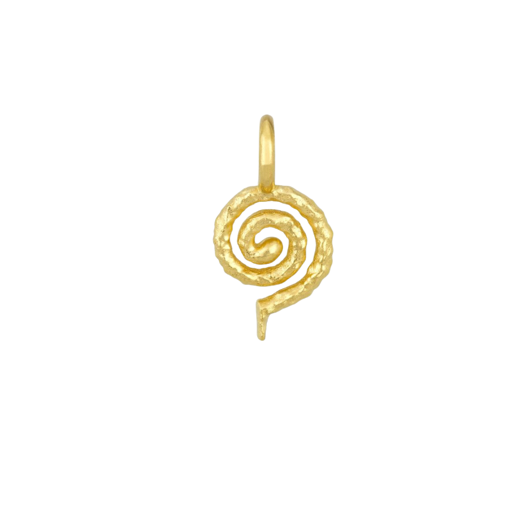 Gold spiral pendant with a textured finish on a white background.