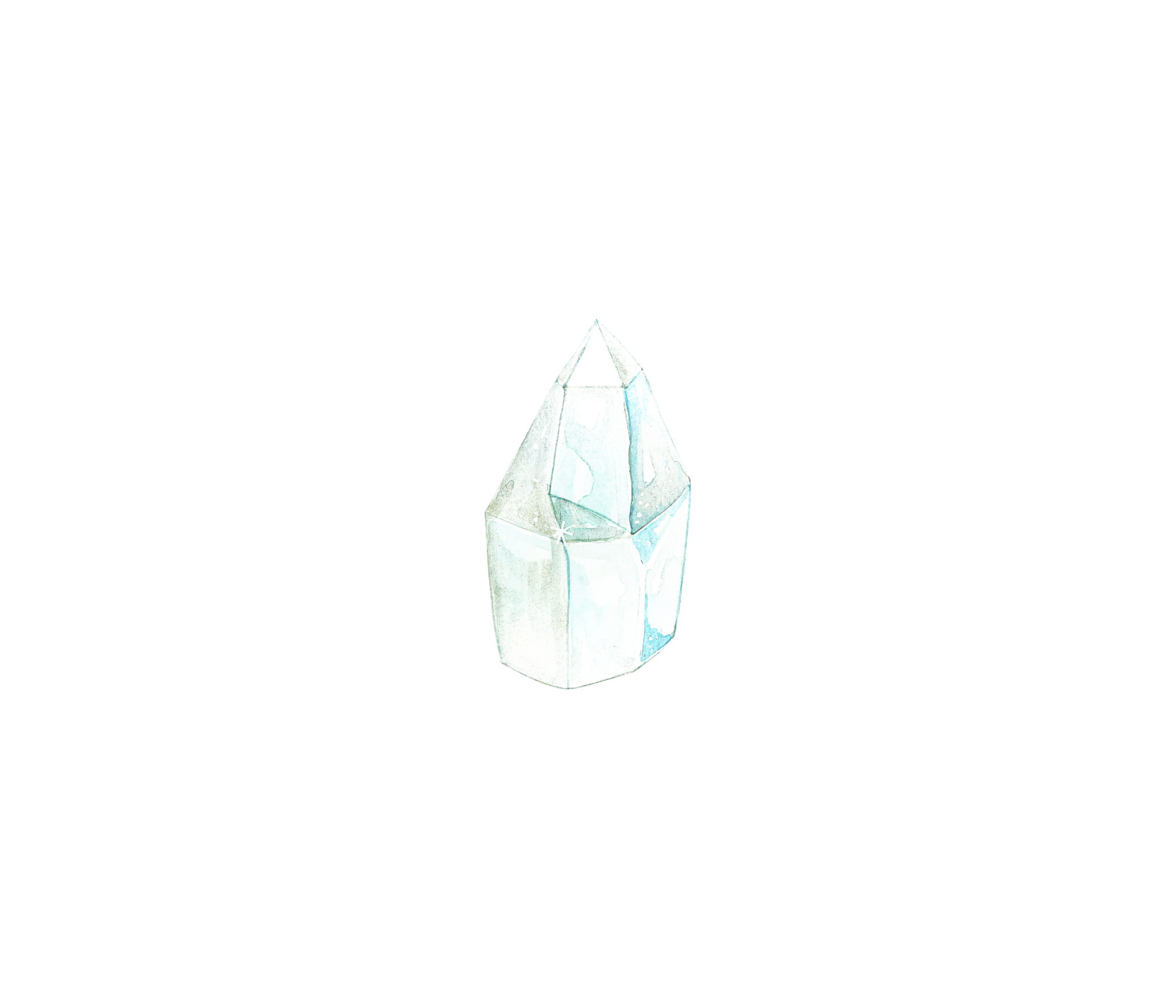 A watercolor illustration of a faceted, light blue crystal with a pointed top against a black background.