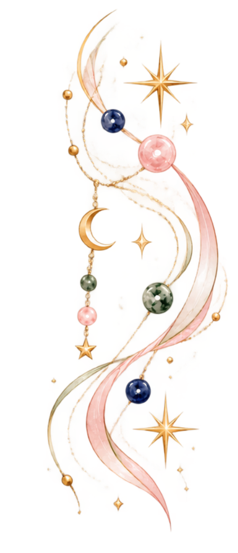A celestial-themed illustration with a gold moon, stars, colorful beads, and flowing ribbons.
