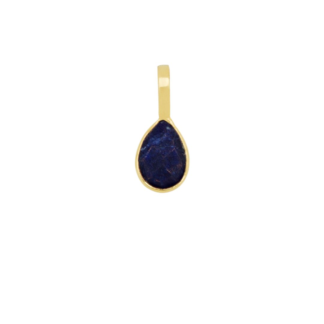Gold pendant with teardrop-shaped dark blue stone.