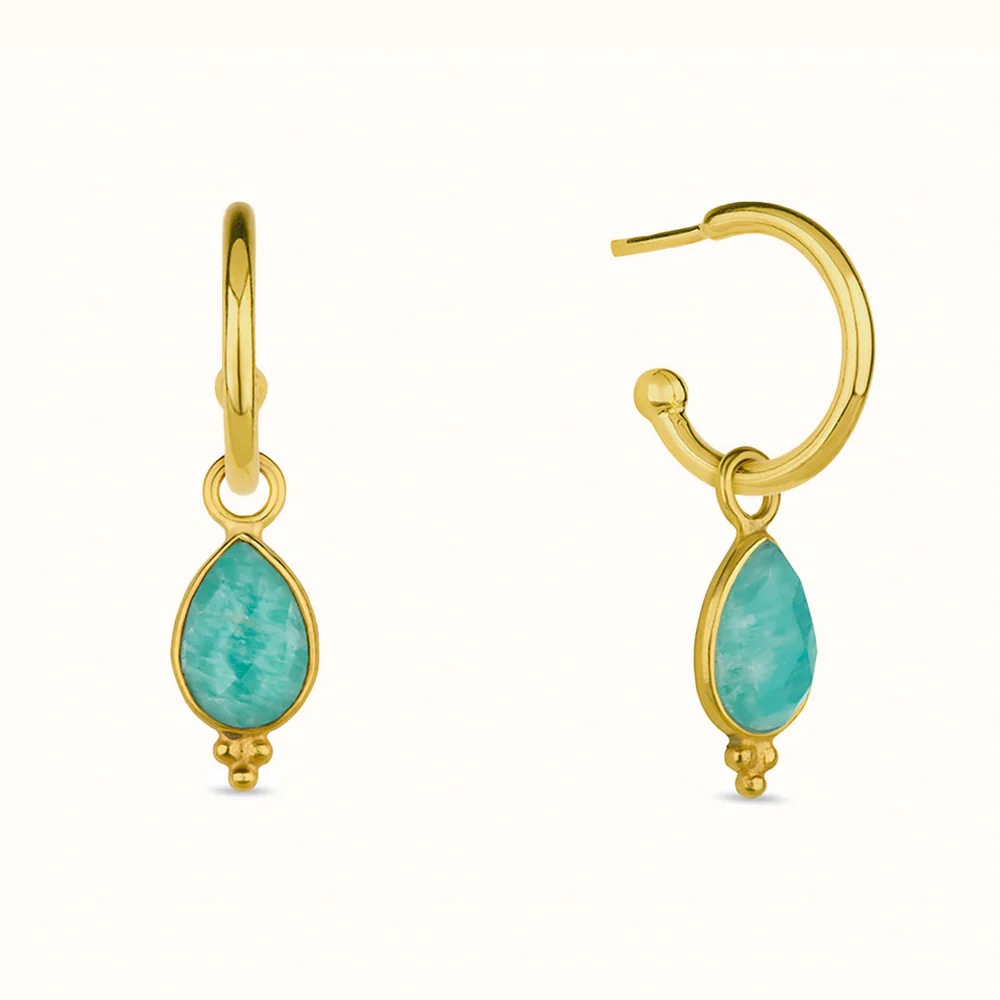 Gold hoop earrings with teardrop-shaped turquoise stones.