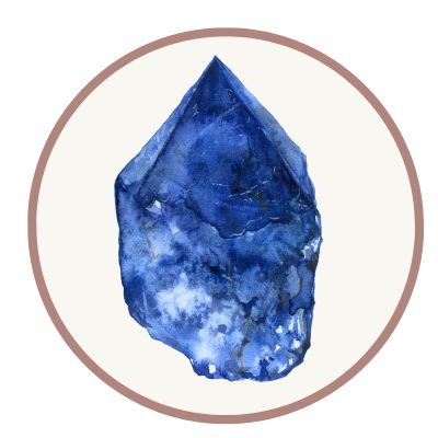 Watercolor illustration of a blue crystal inside a circular frame.